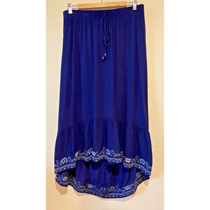 Boho Floral Embroidered Maxi Skirt Blue Hi Lo Hem Size L 12/14 Elastic Pull On
